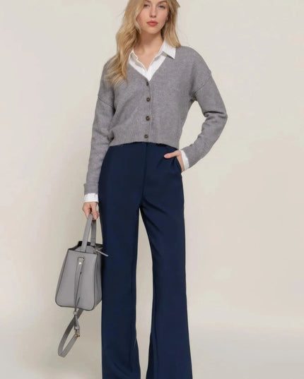 Back elastic straight woven long pants - ShopEasier