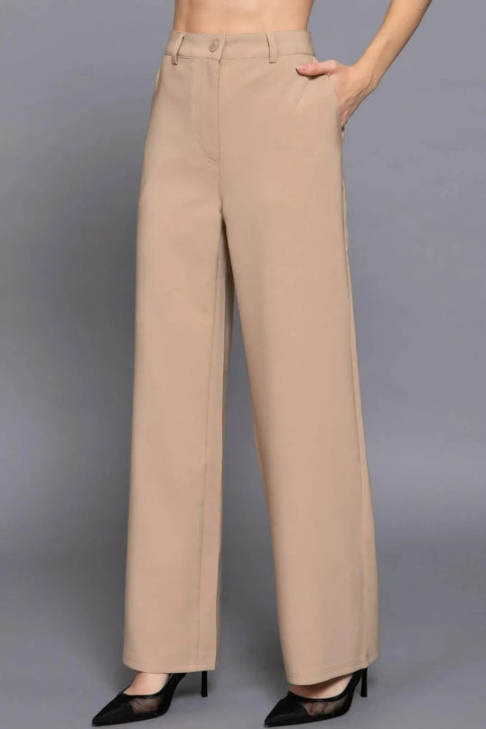 Back elastic straight woven long pants - ShopEasier