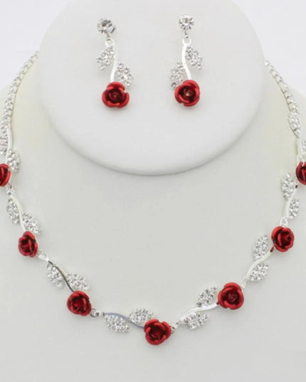 Rhinestone Rose Necklace Earring Set - ShopEasier