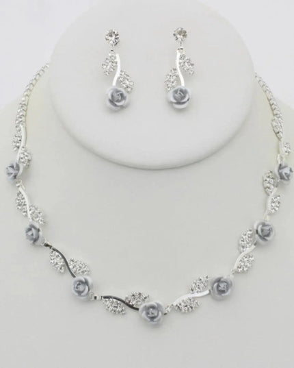 Rhinestone Rose Necklace Earring Set - ShopEasier