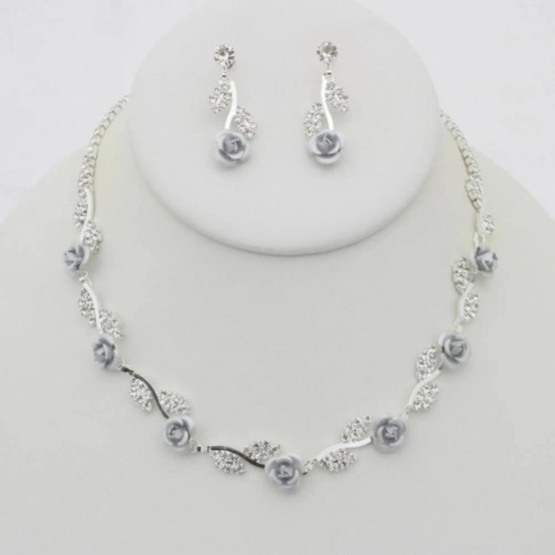 Rhinestone Rose Necklace Earring Set - ShopEasier