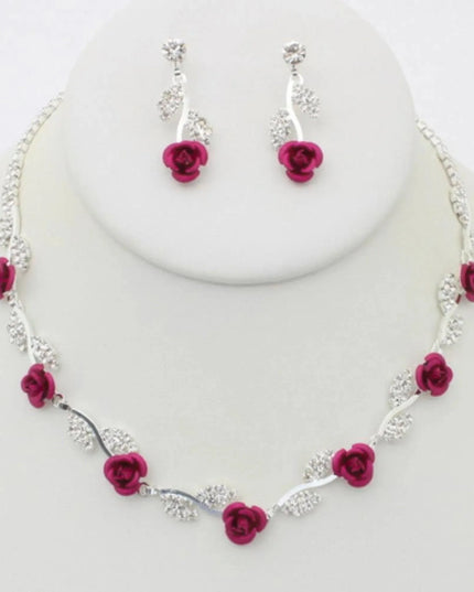 Rhinestone Rose Necklace Earring Set - ShopEasier