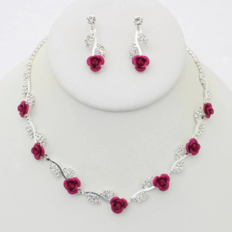 Rhinestone Rose Necklace Earring Set - ShopEasier