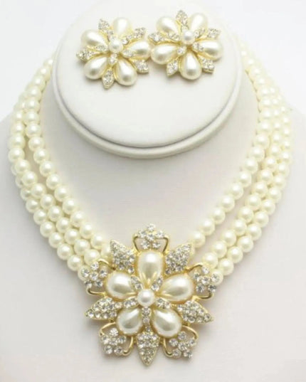 Rhinestone Pearl Flower Necklace Earring Set - ShopEasier