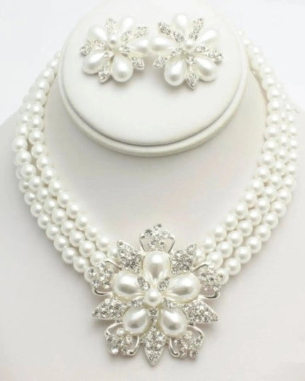 Rhinestone Pearl Flower Necklace Earring Set - ShopEasier