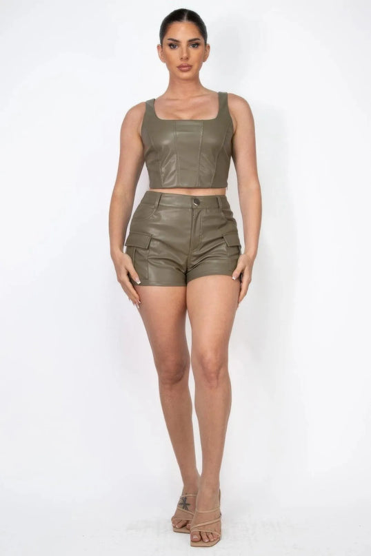 Faux Leather Cargo Mini Shorts