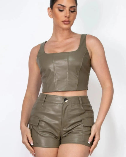 Faux Leather Square Zippered Crop Top