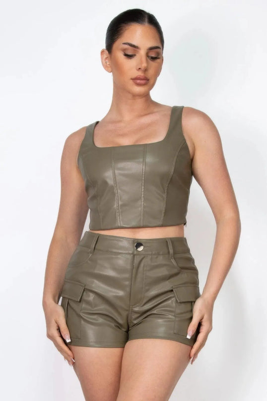 Faux Leather Square Zippered Crop Top