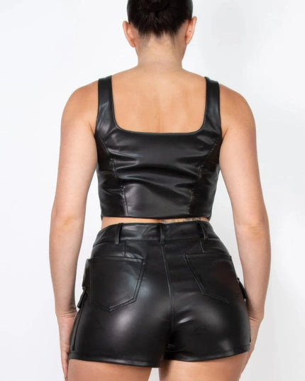 Faux Leather Square Zippered Crop Top