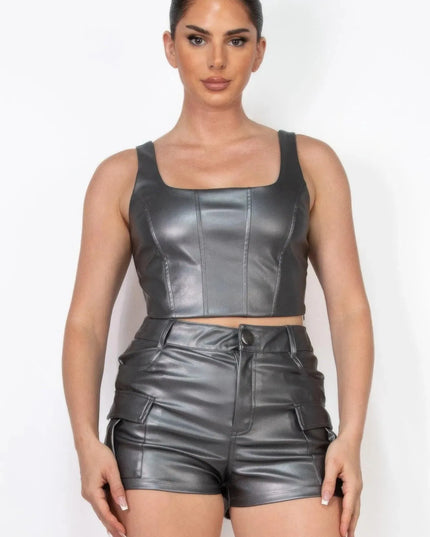 Faux Leather Square Zippered Crop Top