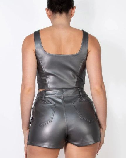 Faux Leather Square Zippered Crop Top