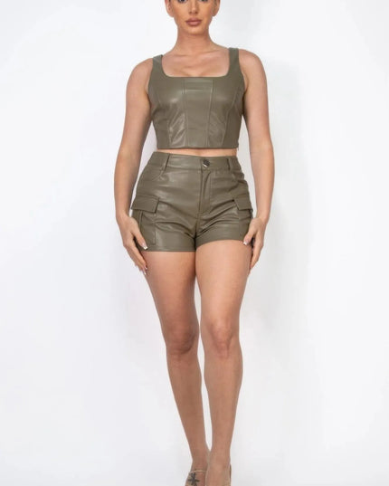 Faux Leather Square Zippered Crop Top