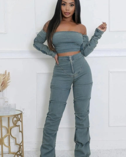 Denim Off The Shoulder Stretch Pant Set