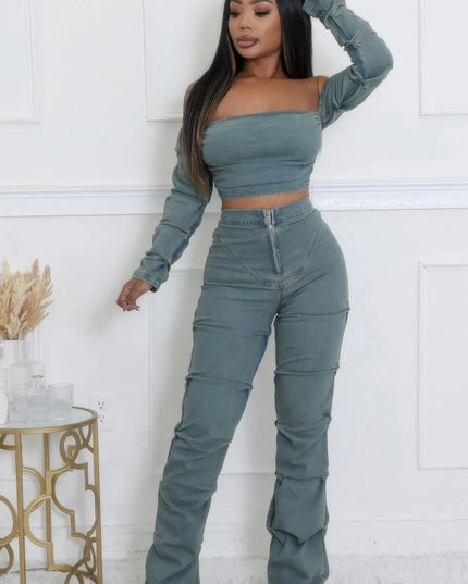 Denim Off The Shoulder Stretch Pant Set