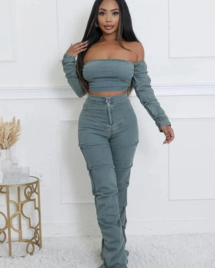 Denim Off The Shoulder Stretch Pant Set