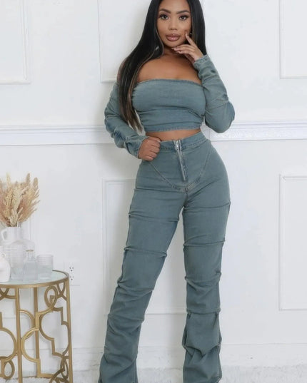 Denim Off The Shoulder Stretch Pant Set