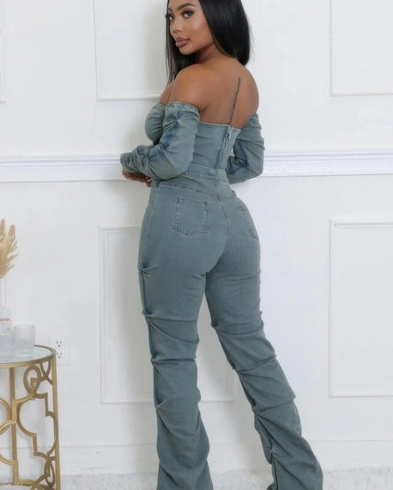 Denim Off The Shoulder Stretch Pant Set