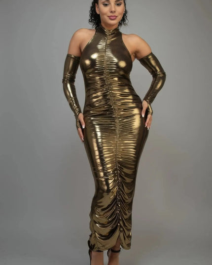 Metallic Ruched Dress With Sleeves