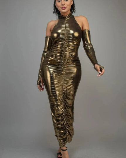 Metallic Ruched Dress With Sleeves