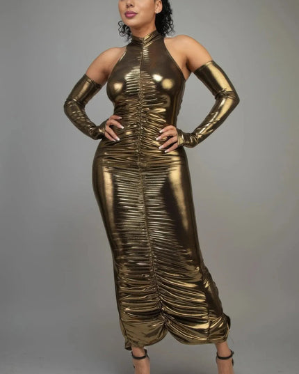 Metallic Ruched Dress With Sleeves