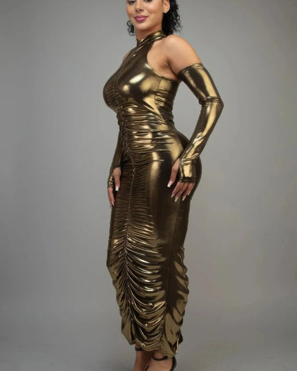 Metallic Ruched Dress With Sleeves