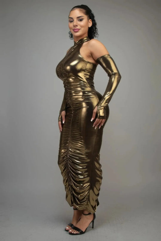 Metallic Ruched Dress With Sleeves