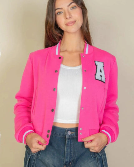 Ezwear Letter Patched Crop Varsity Jacket