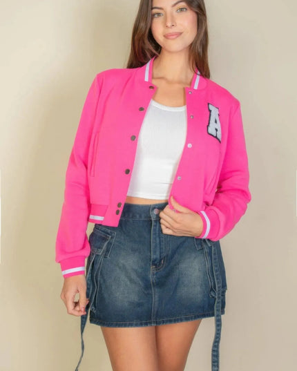 Ezwear Letter Patched Crop Varsity Jacket