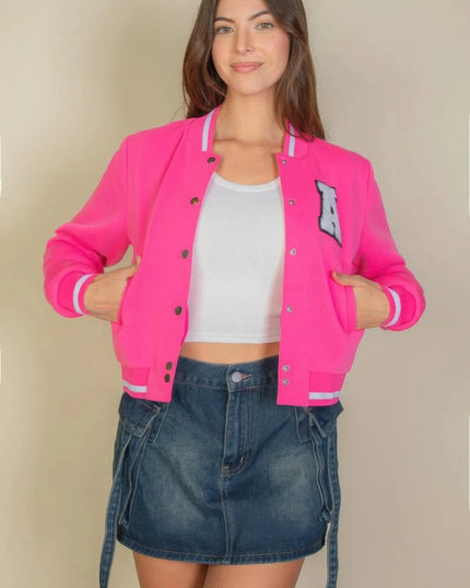 Ezwear Letter Patched Crop Varsity Jacket