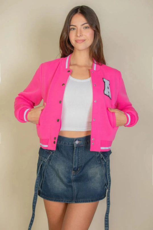 Ezwear Letter Patched Crop Varsity Jacket