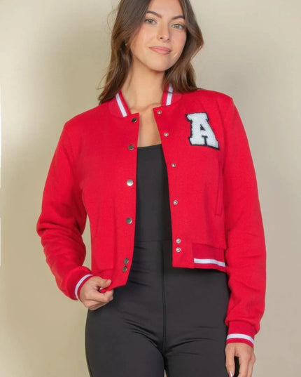 Ezwear Letter Patched Crop Varsity Jacket