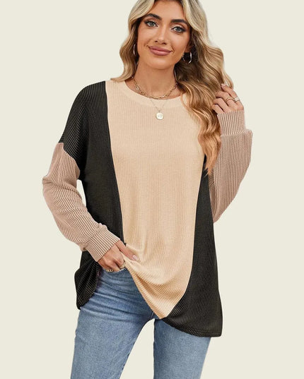 Textured Contrast Long Sleeve Round Neck Tee