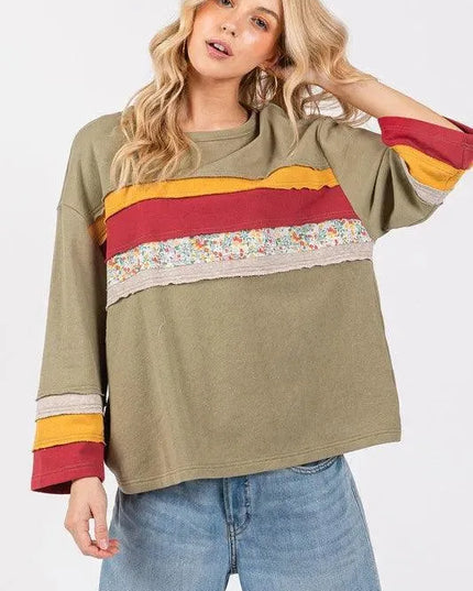 Color Blocked French Terry 3/4 Sleeve Top with Floral Contrast