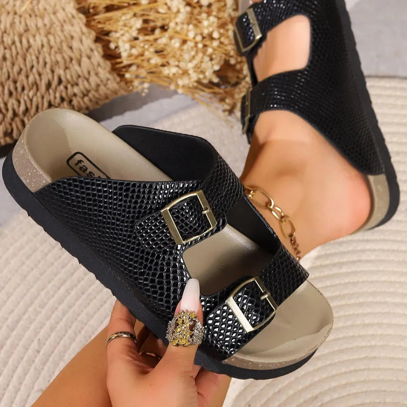 Stylish PU Leather Flat Buckle Sandals