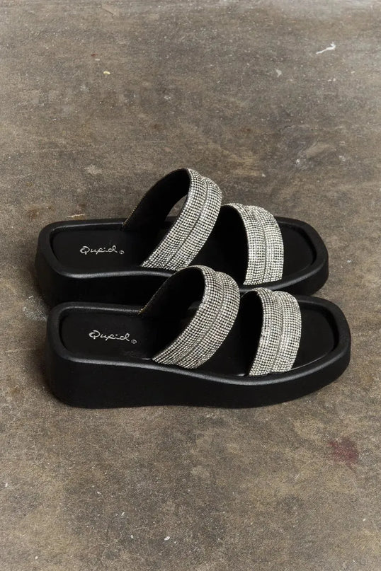 Sandalias de cuña de doble banda con diamantes de imitación para una elegancia veraniega