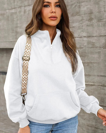 Casual Pocketed Quarter Zip Sweatshirt with Dropped Shoulders