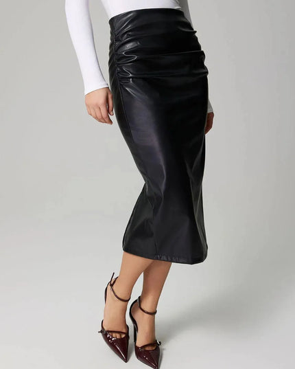 Ruched Slit-Back Midi Skirt