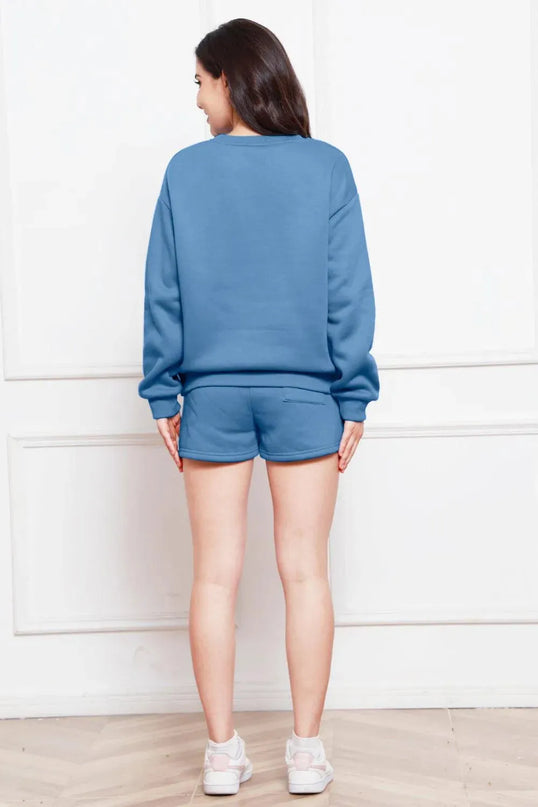 Two-Piece Drawstring Shorts and Long Sleeve Sweatshirt Set