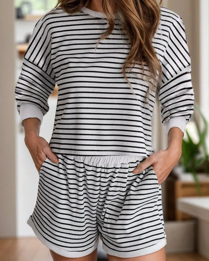 Striped Long Sleeve Top and Shorts Lounge Set with Pockets