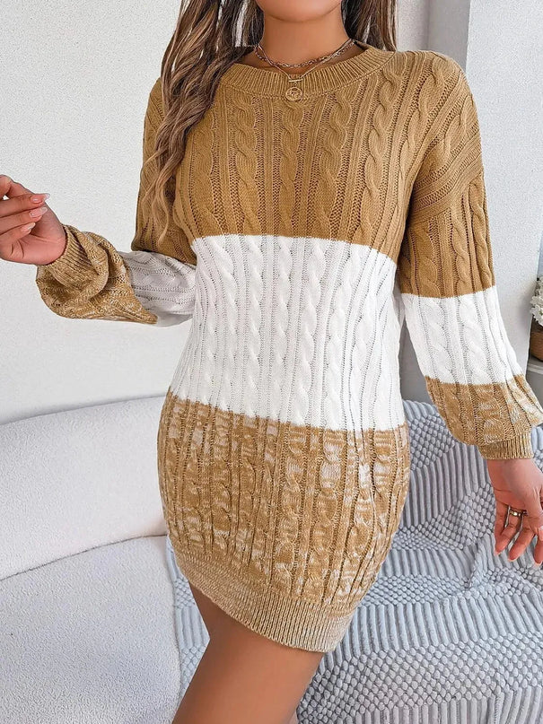 Cable-Knit Round Neck Color Block Sweater Dress - ShopEasier