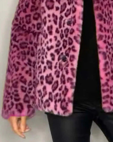 Full Size Leopard Furry Collared Neck Long Sleeve Coat - ShopEasier