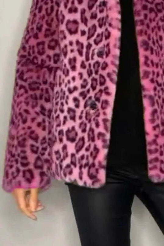 Full Size Leopard Furry Collared Neck Long Sleeve Coat - ShopEasier