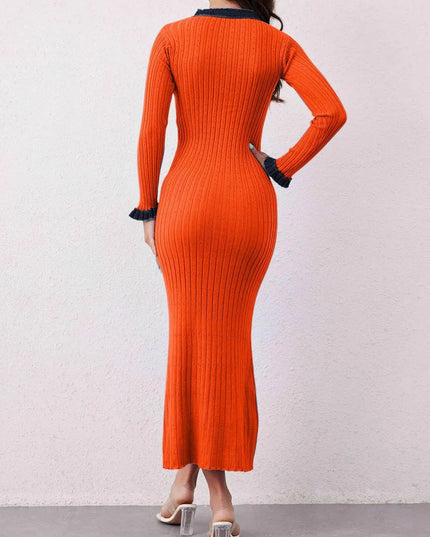 Contrast Trim Round Neck Long Sleeve Sweater Dress