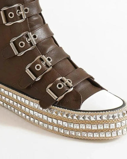 Beast Fashion Multi-Buckle Straps Studded Platform Sneakers