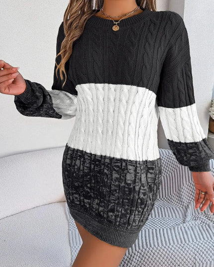 Cable-Knit Round Neck Color Block Sweater Dress - ShopEasier