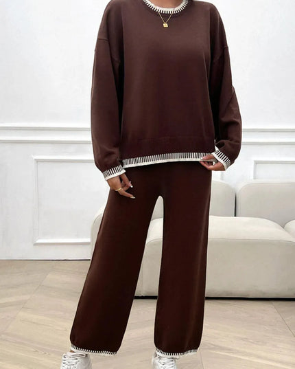 Chic Dropped Shoulder Sweater Set with Round Neck Top and Pants