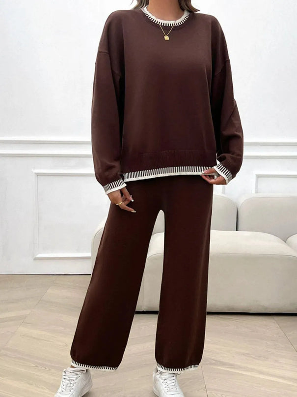 Chic Dropped Shoulder Sweater Set with Round Neck Top and Pants