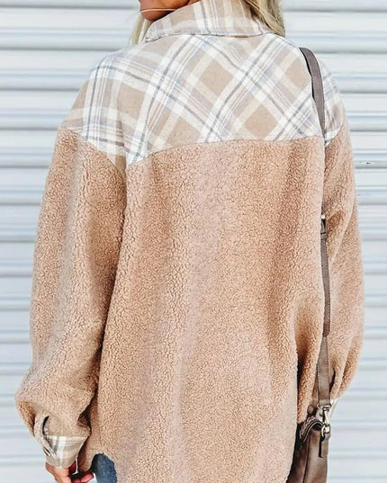 Pocketed Plaid Collared Neck Sherpa Jacket - ShopEasier