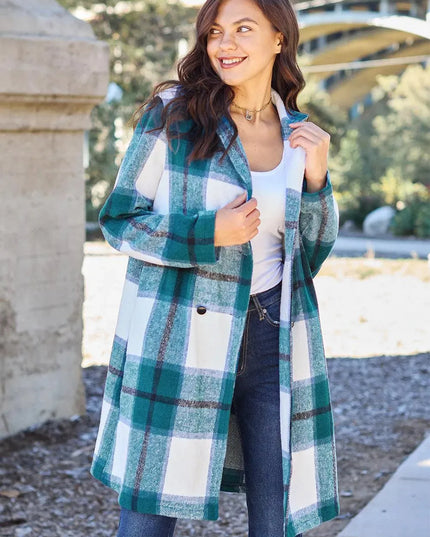 Plaid Button-Up Lapel Coat with Pockets - Full Size Double Take Design