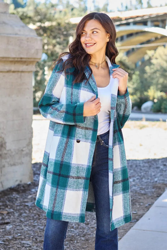 Plaid Button-Up Lapel Coat with Pockets - Full Size Double Take Design